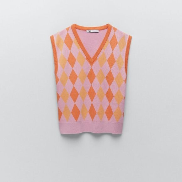 Orange/Pink Zara Argyle Print V-Neck Sleeveless Sweater Vest (NWT) - Picture 4 of 6